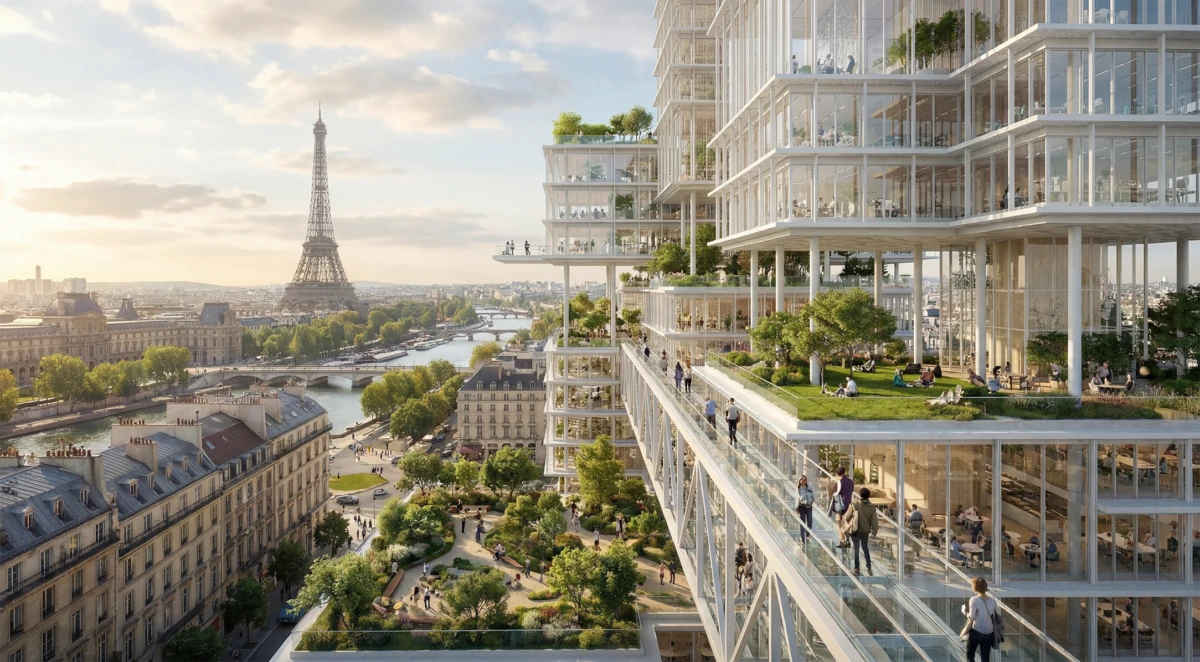Futuristic glass-clad residential complex with skybridges and terraces; people walk along glass walkways by the Seine, the Eiffel Tower in the distance.