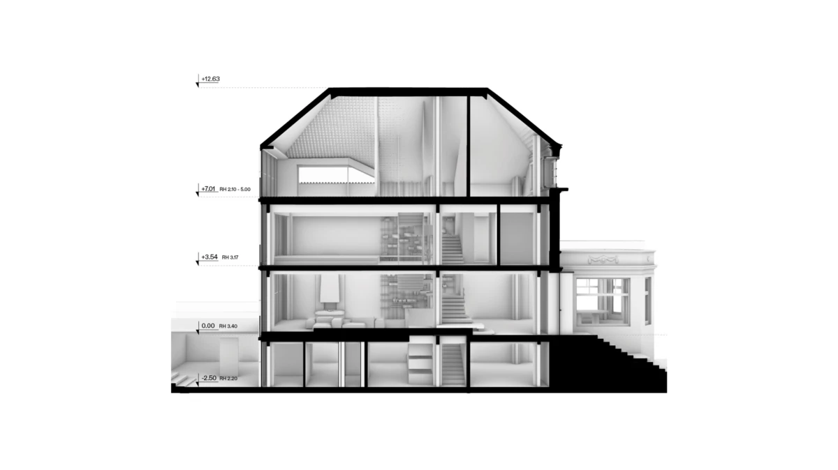 Cross-section of a multi-storey residential house showing interior rooms, stairs, and attic in a cutaway diagram.
