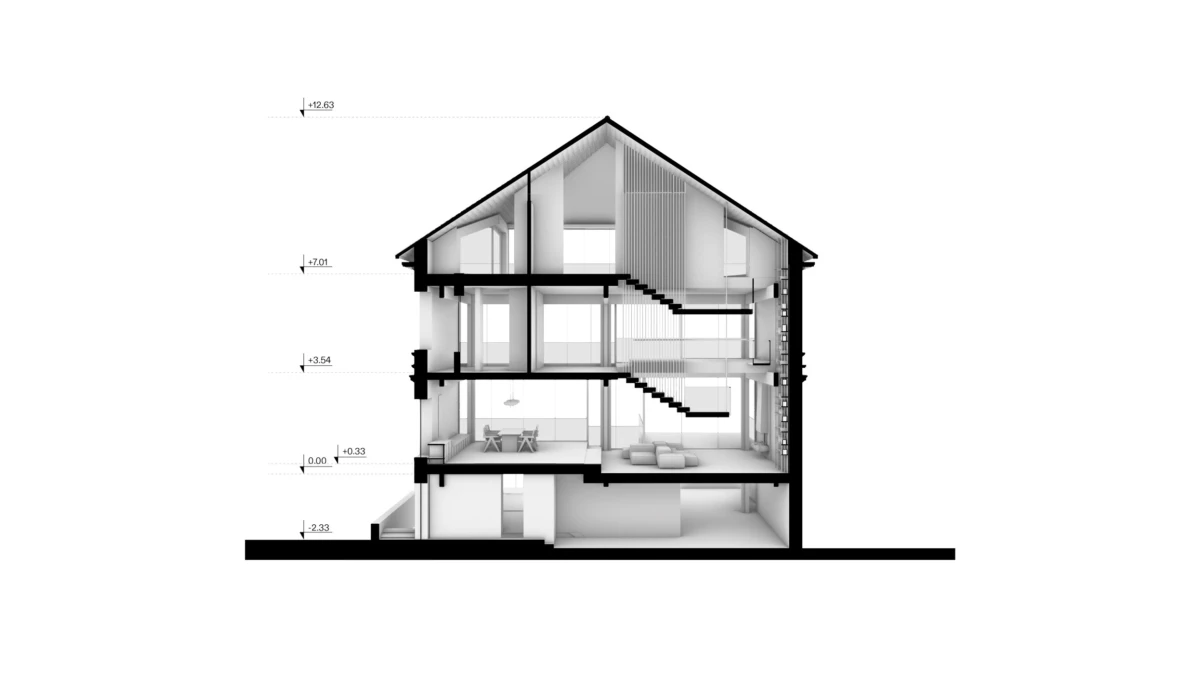 Cross-section of a four-level residential house; interior rooms, staircases, and furnished living areas from basement to attic.
