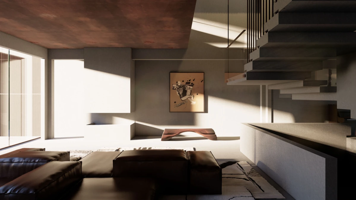 Modern living room interior with a brown leather sectional, curved wooden bench, and a floating dark staircase; sunlit wall and large glass window.