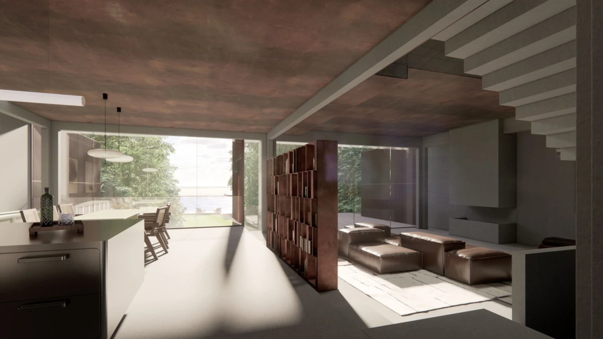 Open-plan living area with kitchen island, dining table, and brown leather sectional; glass wall to a garden; wood bookshelf divider and staircase.