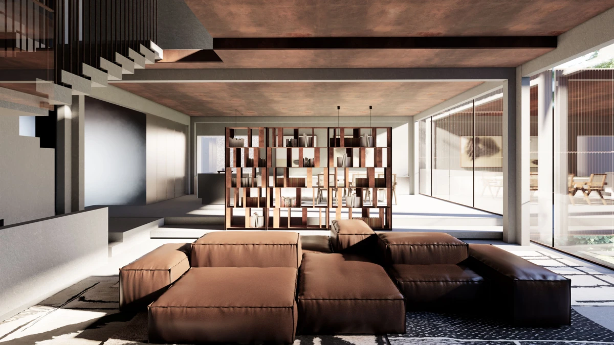 Modular brown leather sectional sofa in a modern living room with glass walls and a wooden bookshelf partition.