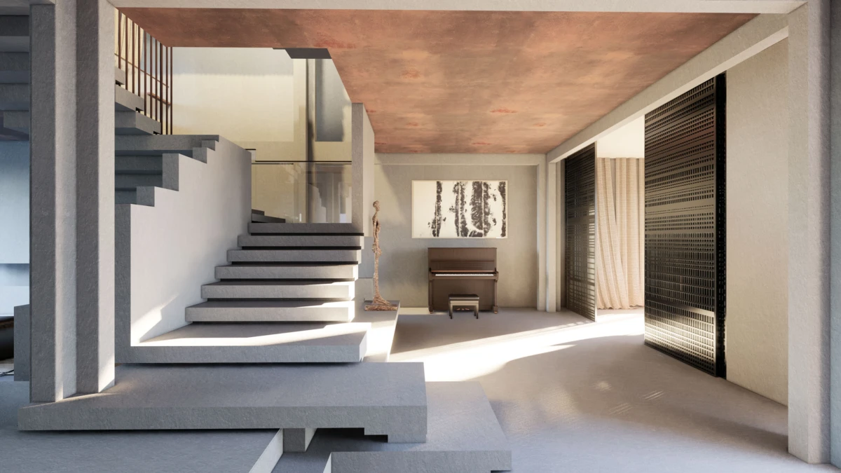 Modern interior with a concrete staircase on the left, a wooden piano and bench beneath abstract art, and large black metal sliding doors.