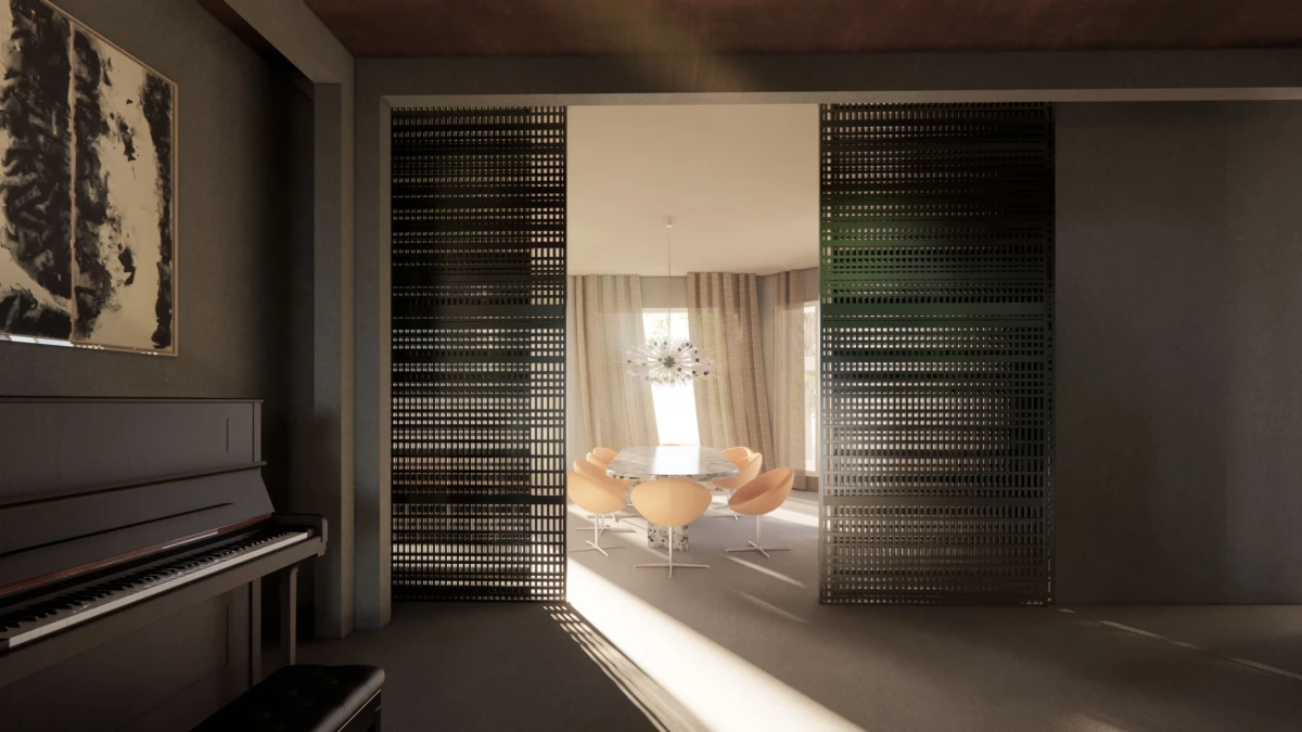 Upright piano on the left in a modern living room; perforated divider opens to a sunlit dining area with a round table and orange chairs.