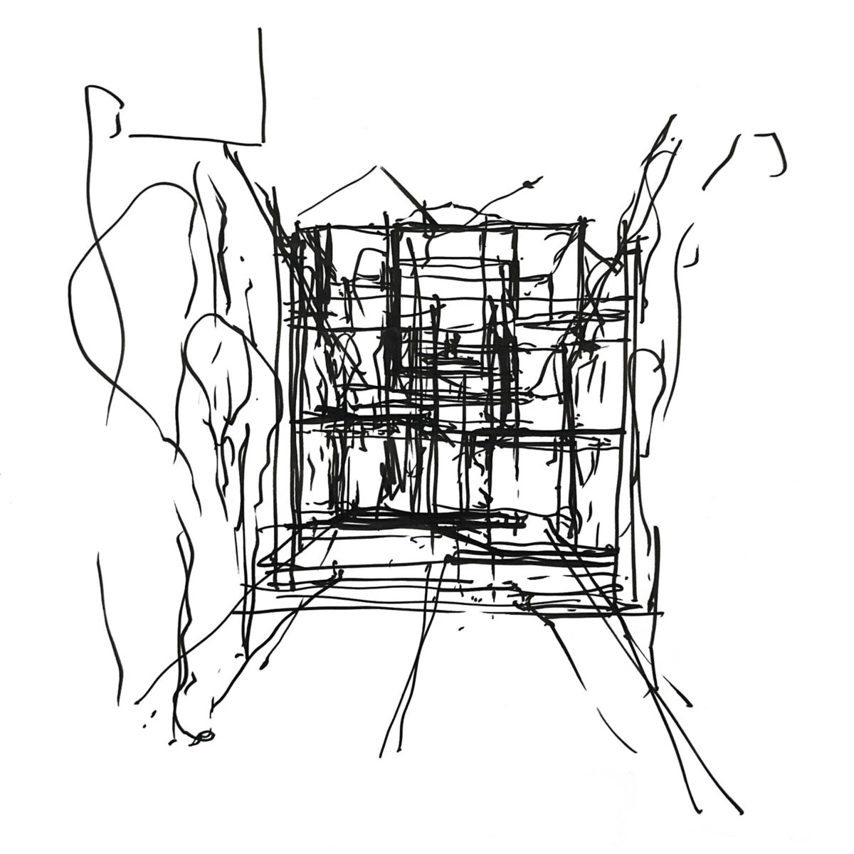 Abstract interior sketch of a room with a central grid-like structure and surrounding dense, irregular lines.