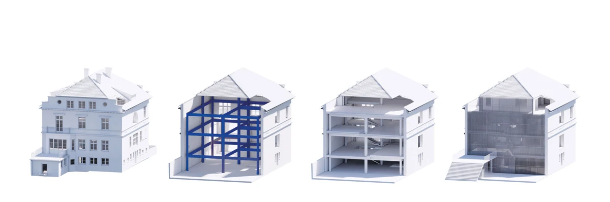 Four white buildings depict construction progress: completed villa; blue steel-frame skeleton; concrete-frame core; partially clad four-story block.