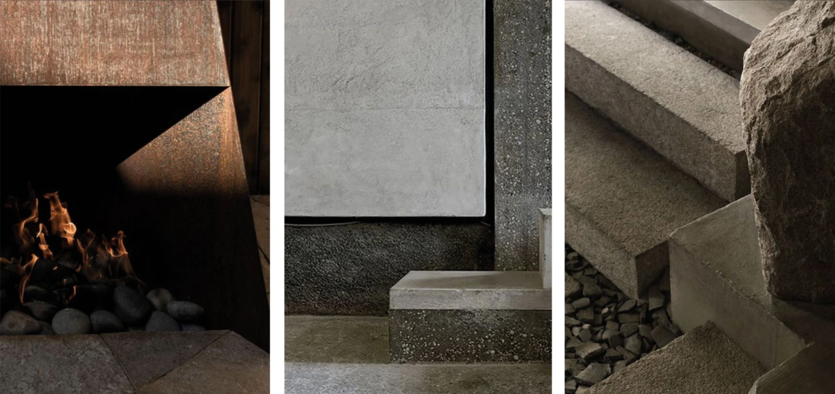 Triptych of interior architecture: left a lit stone fireplace; center gray concrete wall with steps; right angular concrete stairs with rocks.
