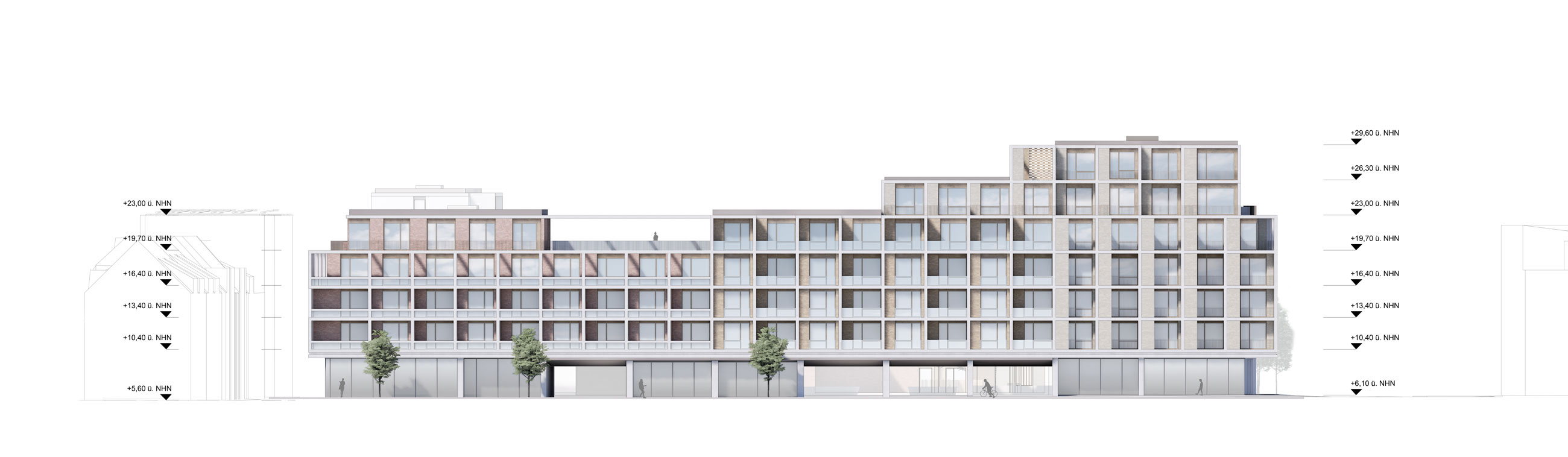 Front elevation of a modern, multi-story residential building with stepped volumes, glass and brick facade, and trees along the street.