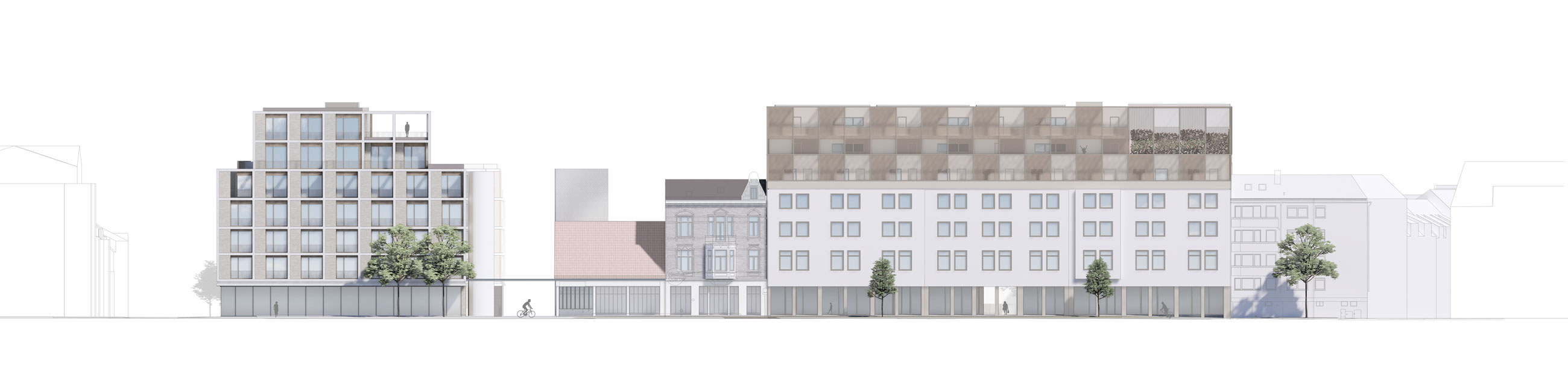 Urban street elevation of mixed-use buildings: left glass-fronted block, center brick/metal block, right white multi-story block, with trees along the sidewalk.