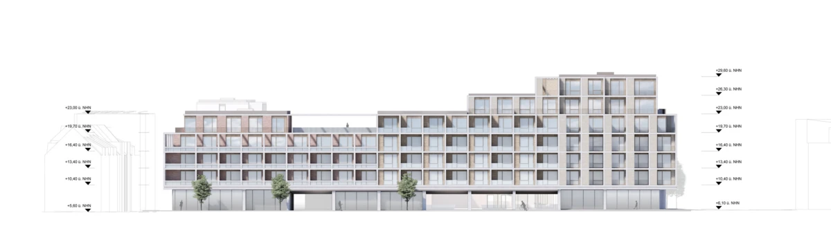 Front elevation of a modern, multi-story residential building with stepped volumes, glass and brick facade, and trees along the street.
