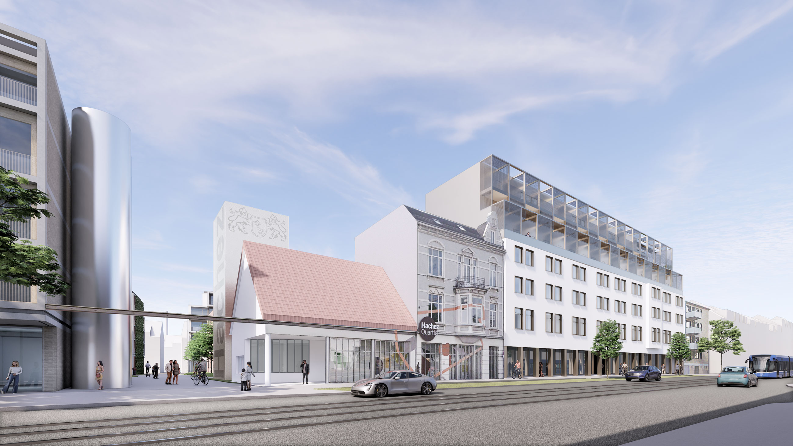 Wide urban street with modern mixed-use buildings, people, and cars; pink-roofed storefront and a mirrorlike cylindrical tower on the left, blue sky.