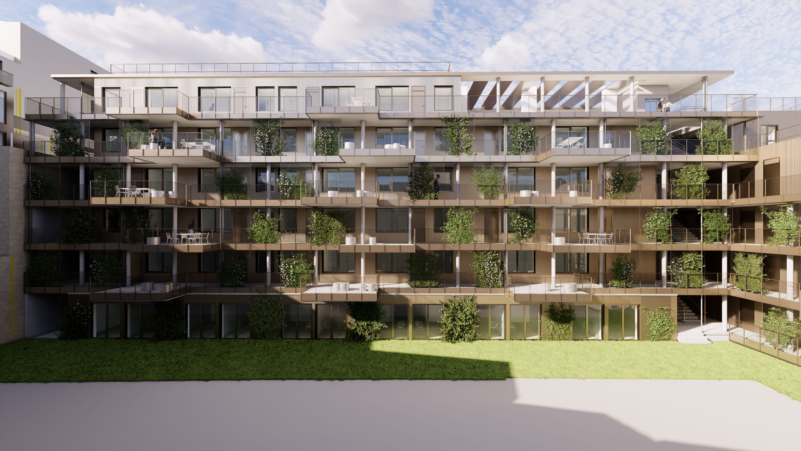 Modern, multi-storey residential building with glass-front balconies and abundant greenery in planters; open central lawn courtyard.