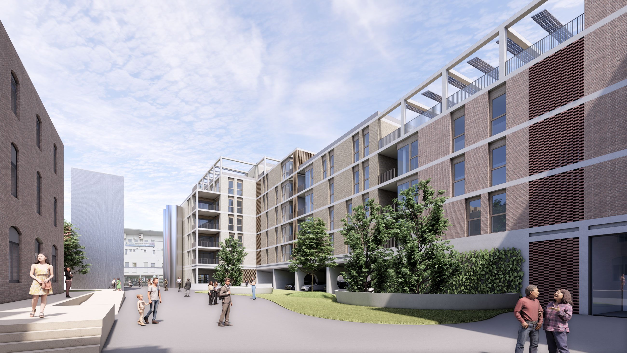 Residents strolling through a modern brick apartment courtyard with trees and manicured landscaping.