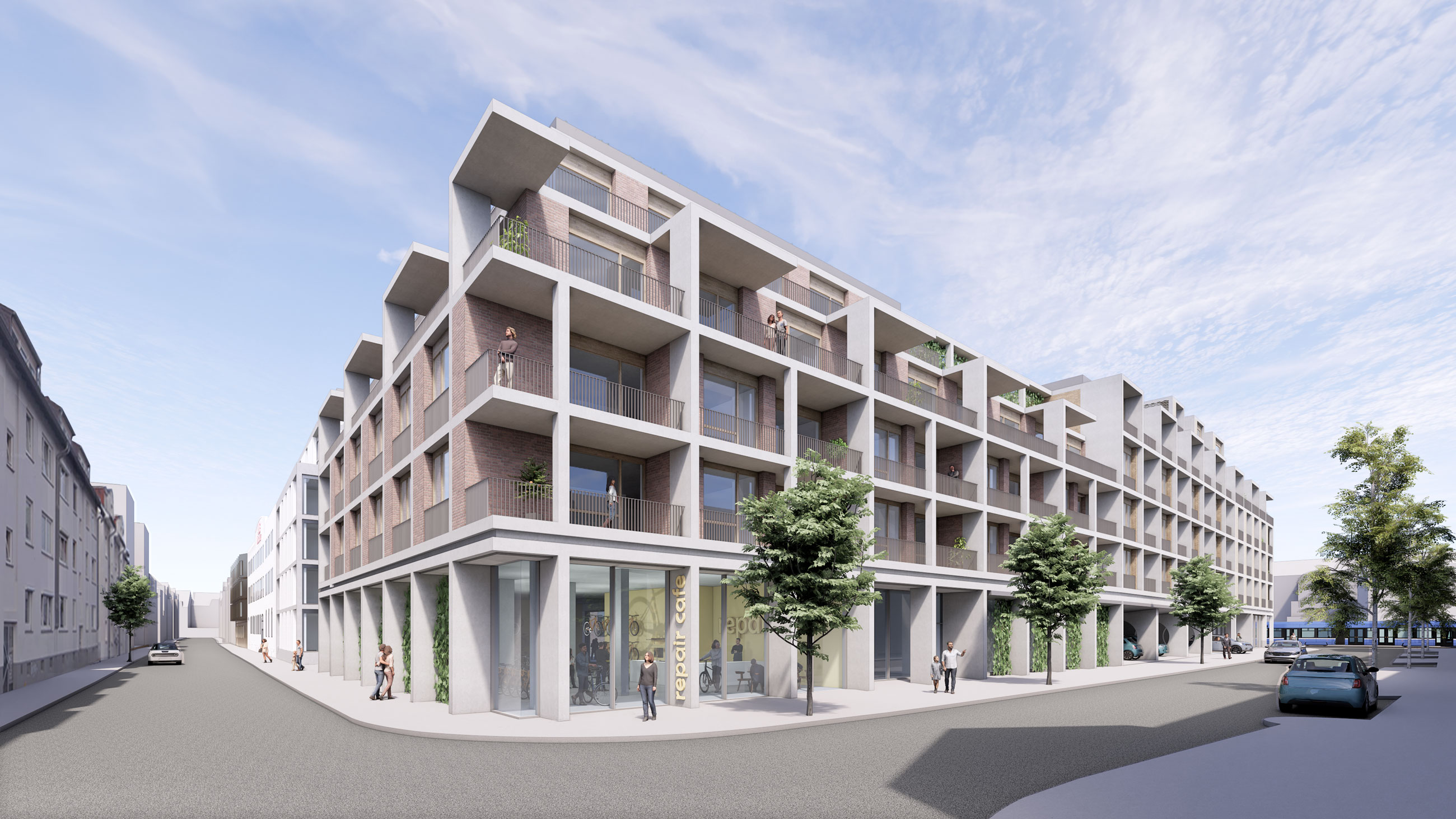 Modern apartment building with a grid of balconies and ground-floor storefronts along a city street; pedestrians and cars along the curb.