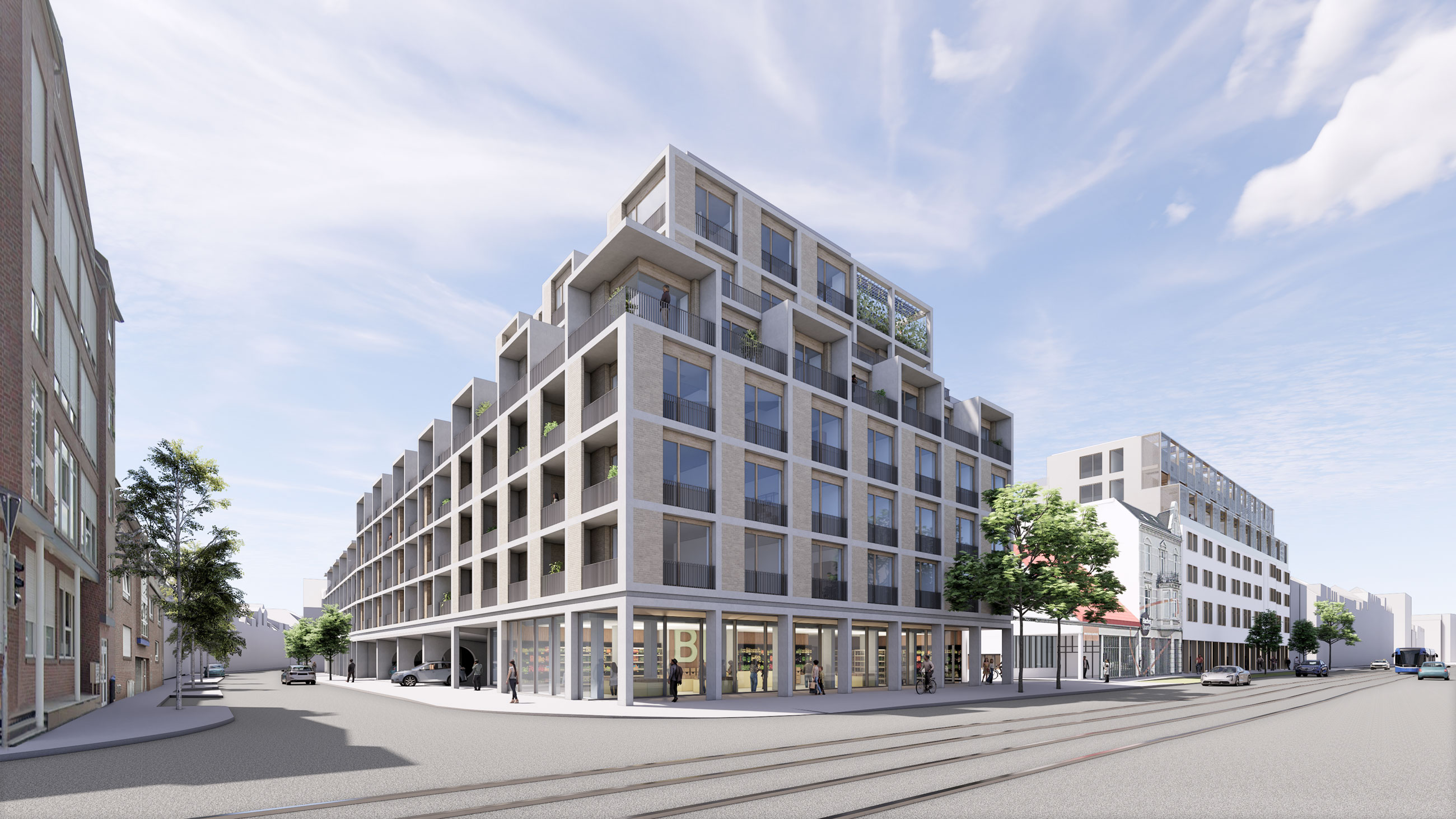 Modern mixed-use apartment building with retail on the ground floor, pedestrians walking along a tree-lined city street with tram tracks.