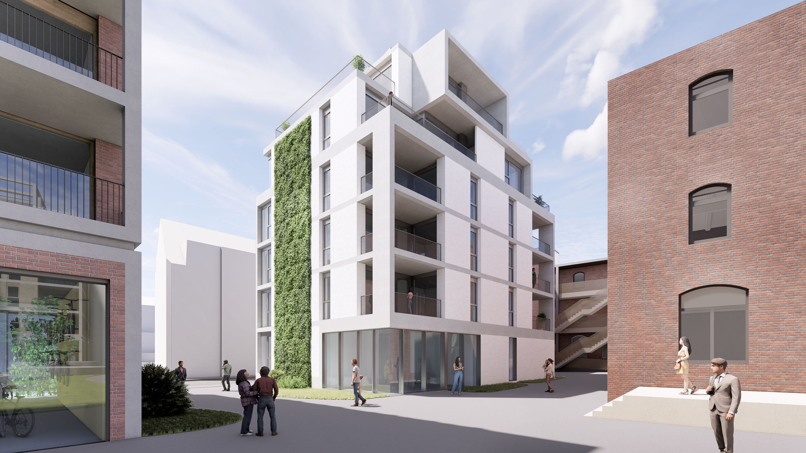Contemporary white apartment building with glass balconies and a vertical garden, pedestrians walk in a sunlit urban plaza.