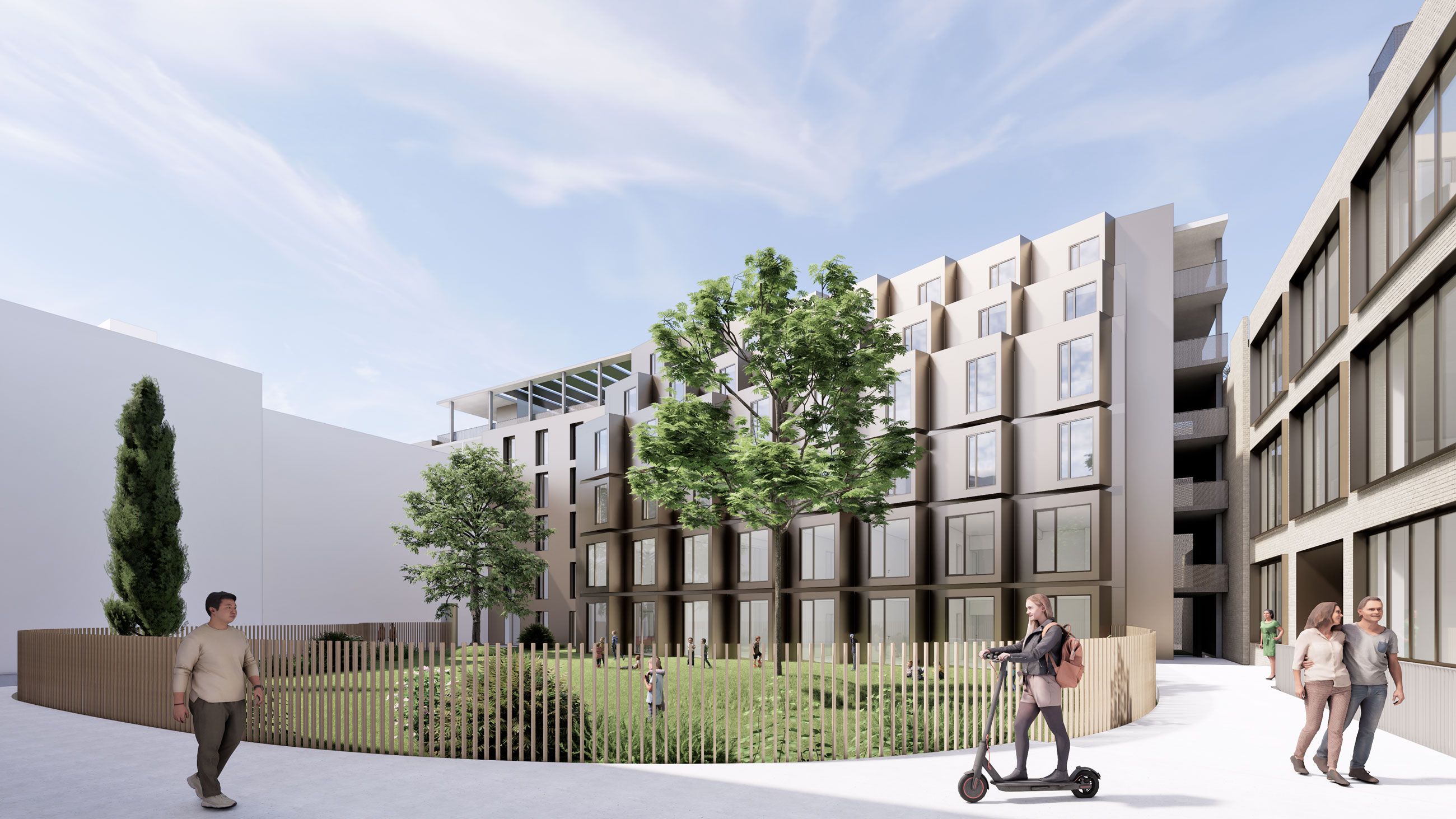 Modern residential courtyard with a brown multi-story building, trees, and a paved path; a person rides an electric scooter while others walk.