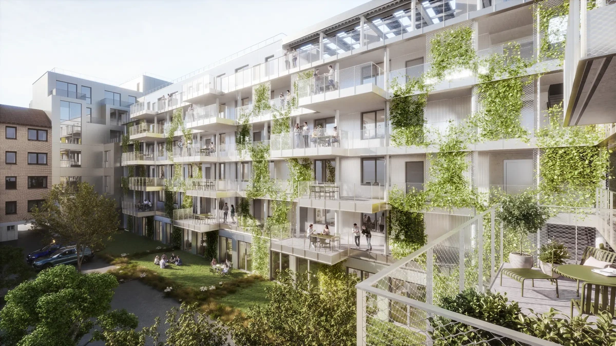 Modern apartment complex with ivy-covered balconies surrounding a grassy courtyard where residents relax and converse.