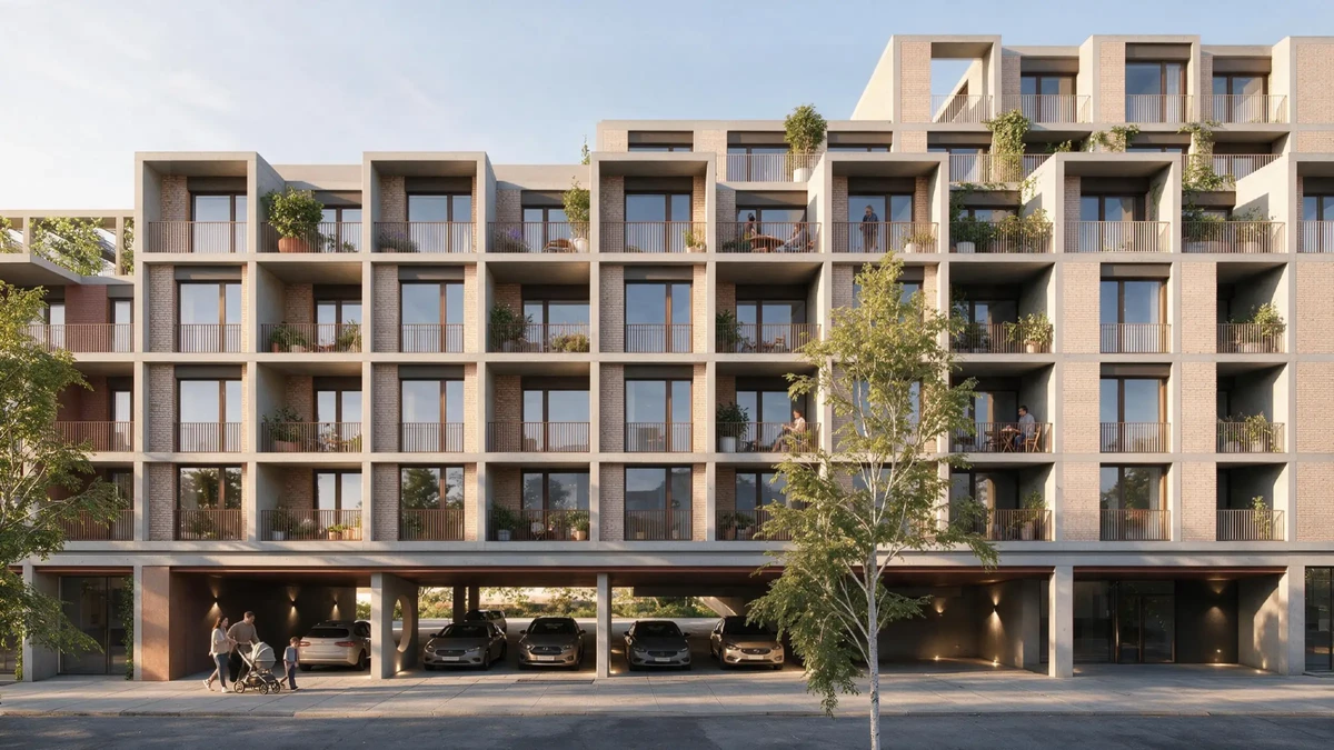 Modern multi-story apartment building with uniform balconies; ground-floor parking for cars; pedestrians with a stroller near the entrance; tree in foreground.