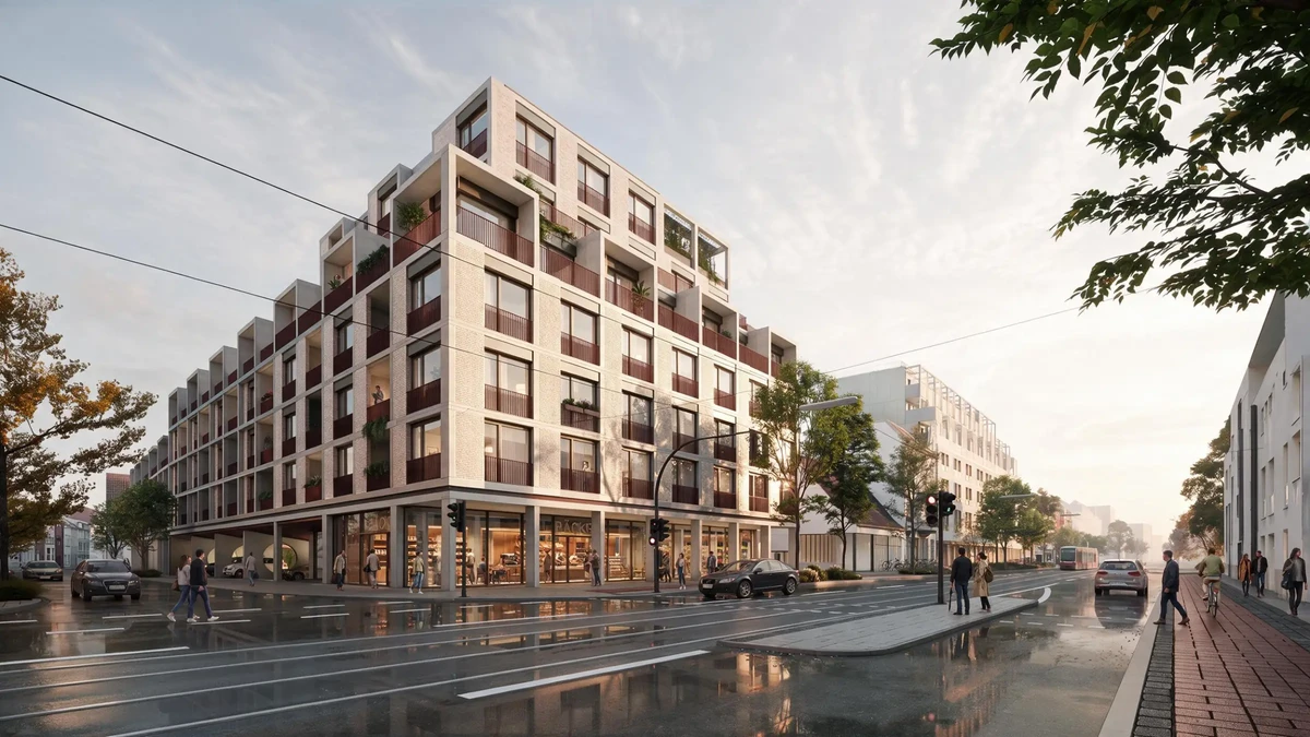 Corner view of a modern mixed-use building with ground-floor shops; pedestrians and cars on a wet city street.