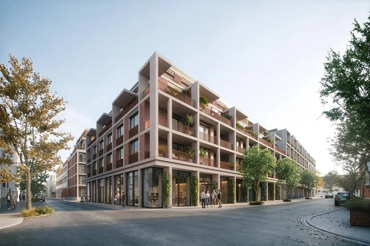 Modern mixed-use apartment building with brick facade and stacked balconies, ground-floor storefronts, and pedestrians on a tree-lined street.