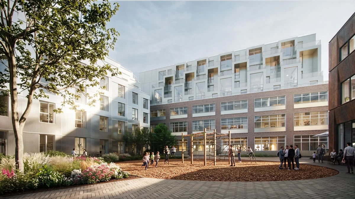 Courtyard of a modern apartment complex with a wooden play structure; adults and children gather and play on mulch.