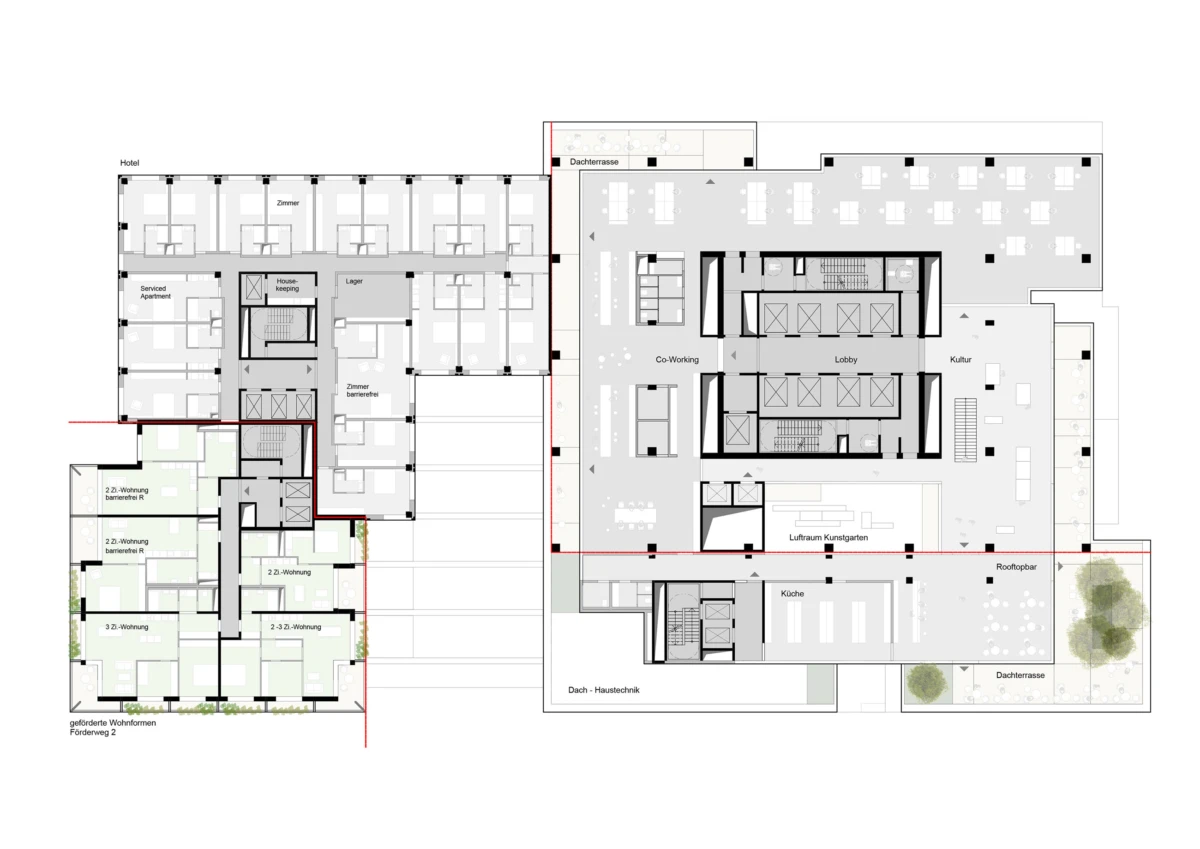 Architectural floor plan of a mixed-use complex: left hotel wing with rooms; right coworking area with lobby, kitchen, and roof terrace.