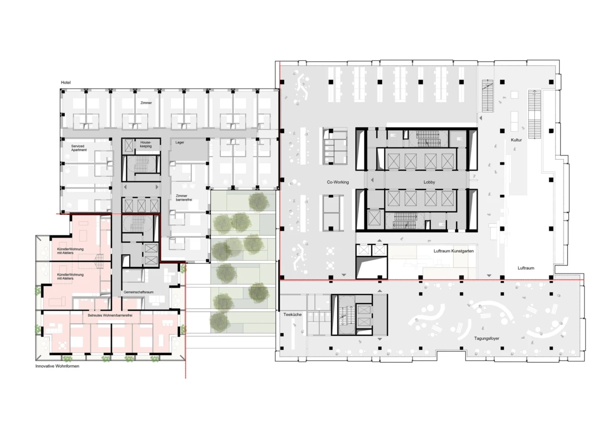 Architectural floor plan of a mixed-use building: hotel rooms on the left, central tree-filled courtyard, coworking and lobby on the right.