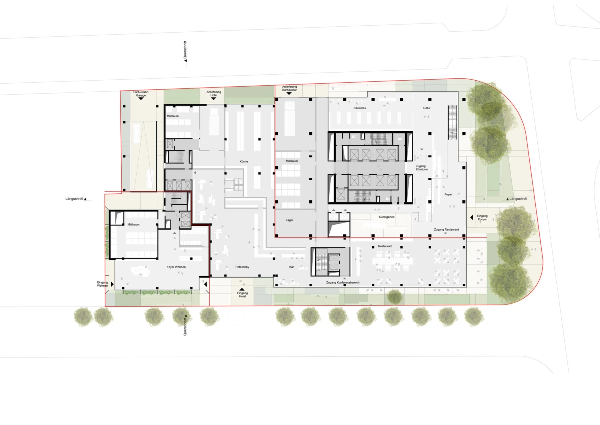 Ground-floor plan of a building complex with lobby, restaurant, library, kitchen, storage, and surrounding landscaping.