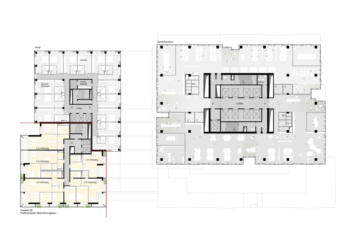Architectural floor plan of a two-wing complex: left residential block with apartments around a central core; right open office block with a lobby.