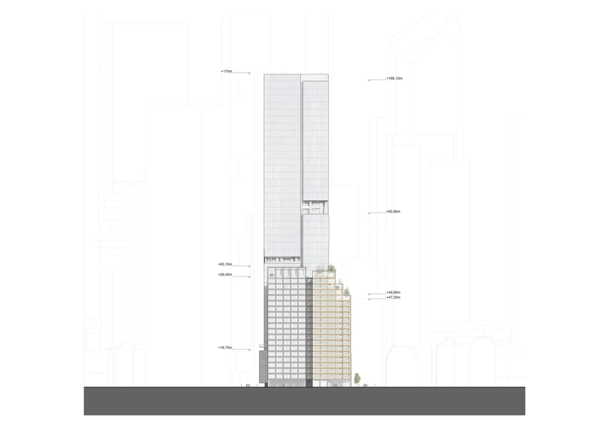 Elevation of a glass-clad skyscraper with a stepped podium of terraced green balconies in an urban cityscape.