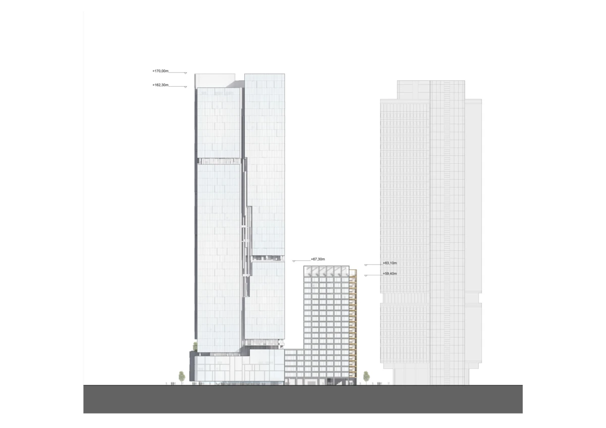 Elevation of a mixed-use high-rise complex: two slender glass towers, a grid-window mid-rise, and a tall right-hand tower; street with trees.