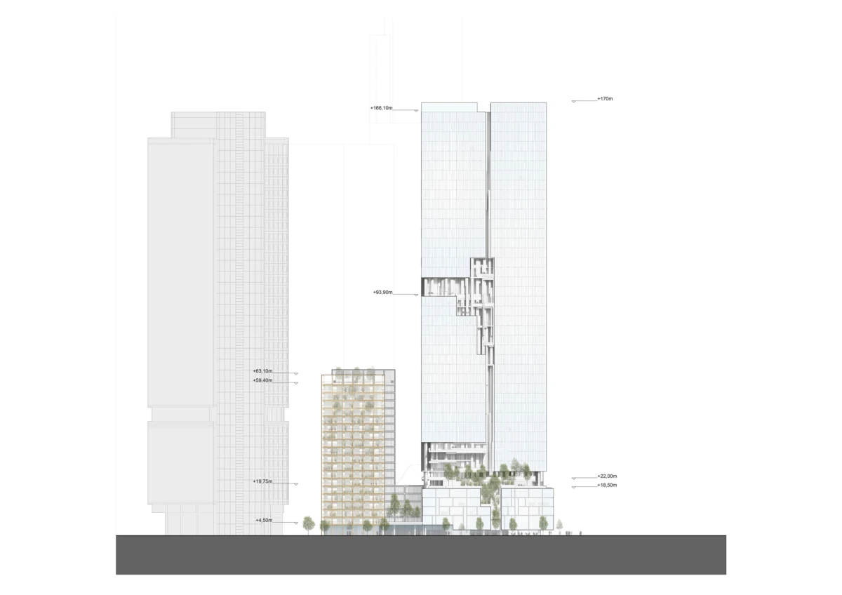 Elevation of two glass high-rise towers with a timber-clad mid-rise and tree-lined street level.