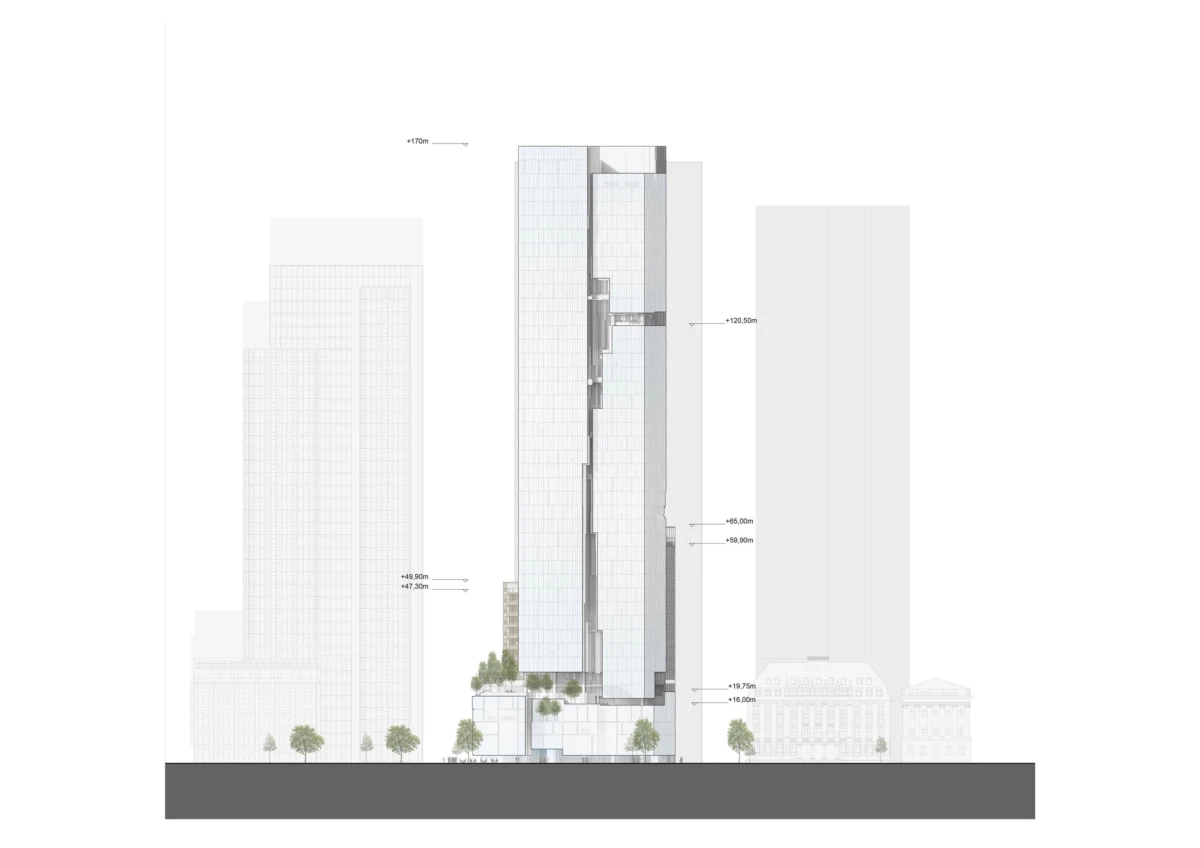 Elevation drawing of a glass-clad high-rise tower in a city streetscape, with trees at the base and surrounding low-rise buildings.