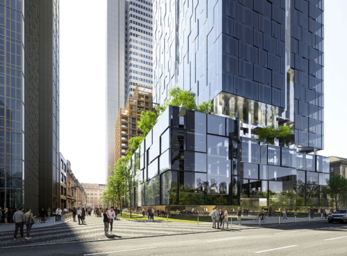 Urban plaza featuring a glass-clad skyscraper with stepped greenery terraces; pedestrians on a wide street beside modern office towers.