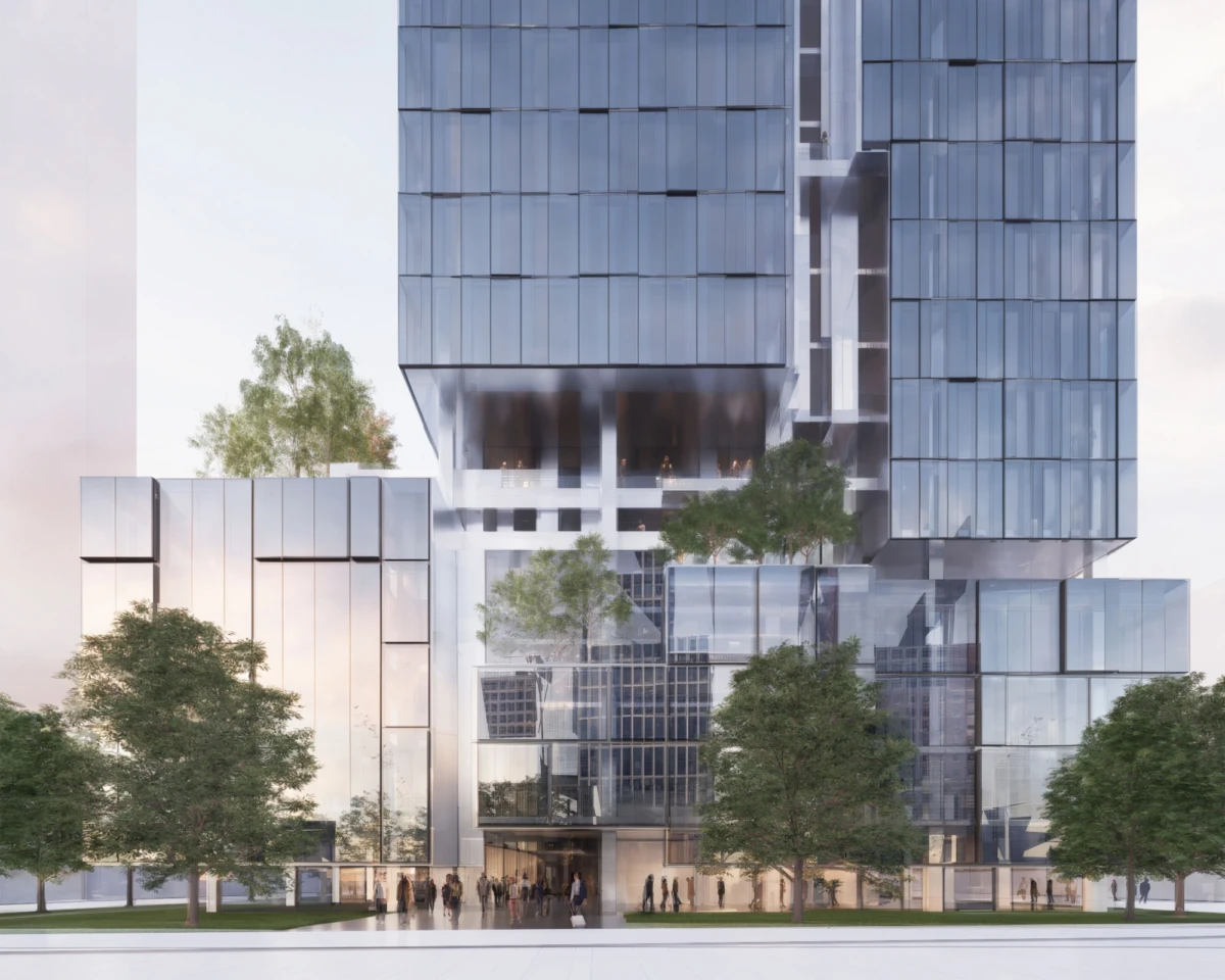 Glass-clad skyscraper with stacked terraces; people gather at the ground-level entrance amid a tree-lined plaza.