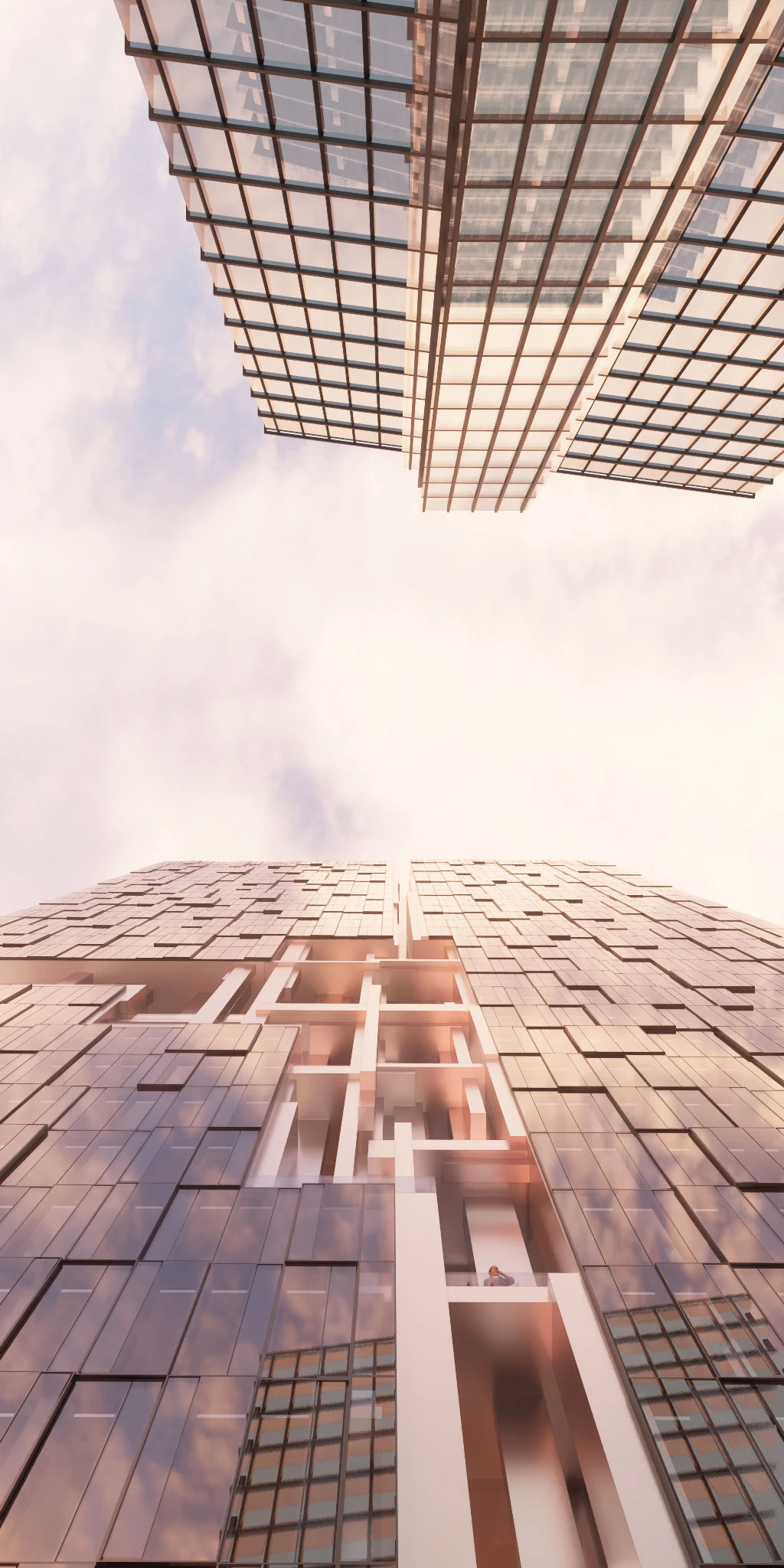 Looking up at two glass-clad skyscrapers rising toward the sky, converging in an urban canyon under pink-tinted clouds.