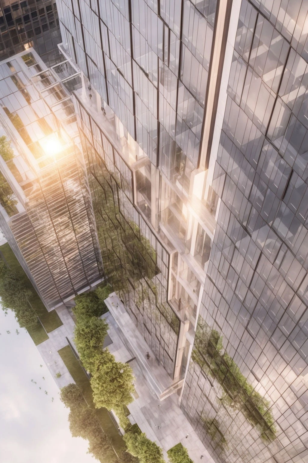Glass-clad high-rise seen from above; sunlight glints off facade, with an urban plaza and trees at the base.