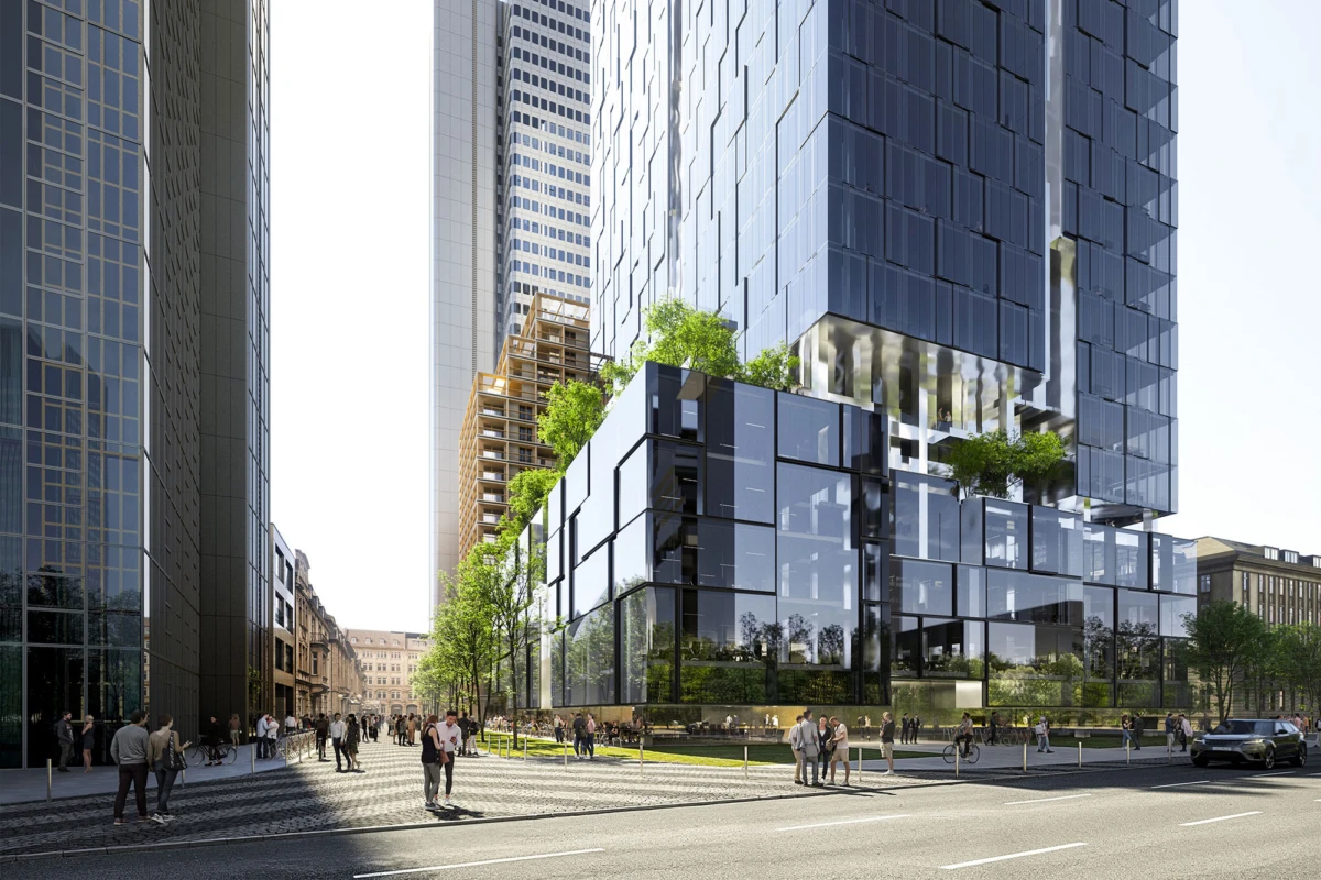 Urban plaza featuring a glass-clad skyscraper with stepped greenery terraces; pedestrians on a wide street beside modern office towers.