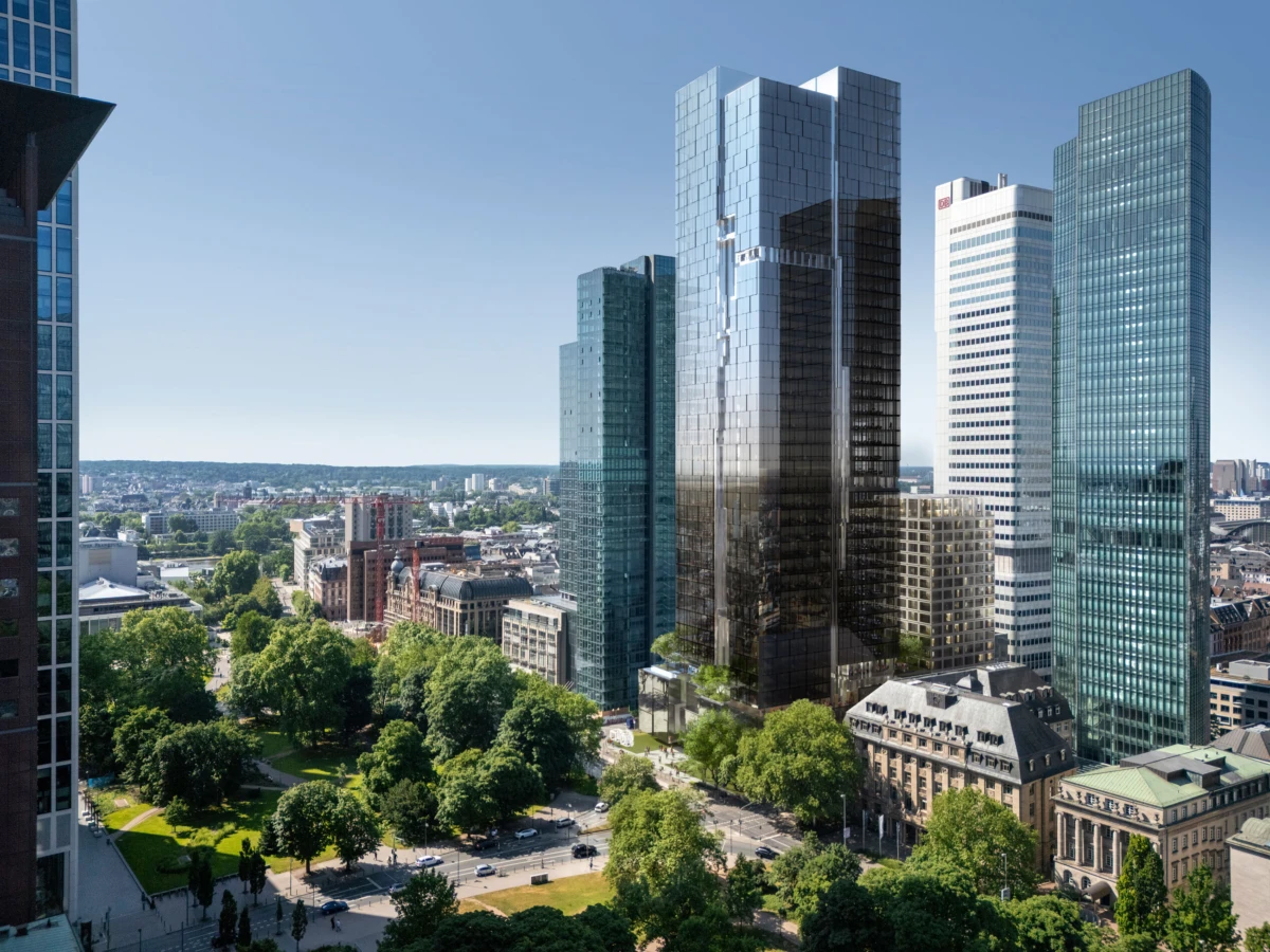 Glass-clad skyscrapers dominate a modern cityscape, towering over a tree-filled park and busy streets.