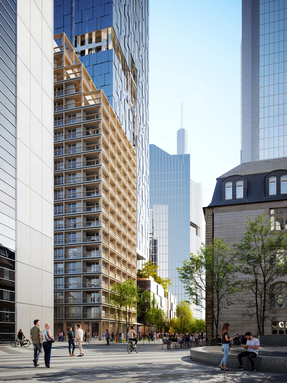 Under-construction residential high-rise between glass skyscrapers on a city plaza; people walk, cycle, and chat.