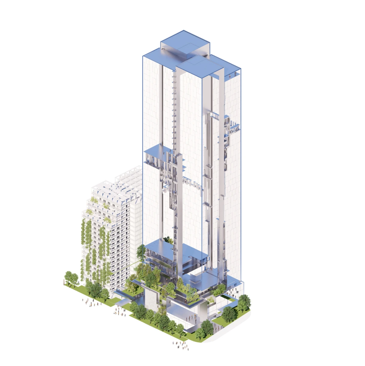 Isometric illustration of a tall glass skyscraper with a cutaway revealing interior floors, blue accents, set in a landscaped urban plaza with pedestrians.