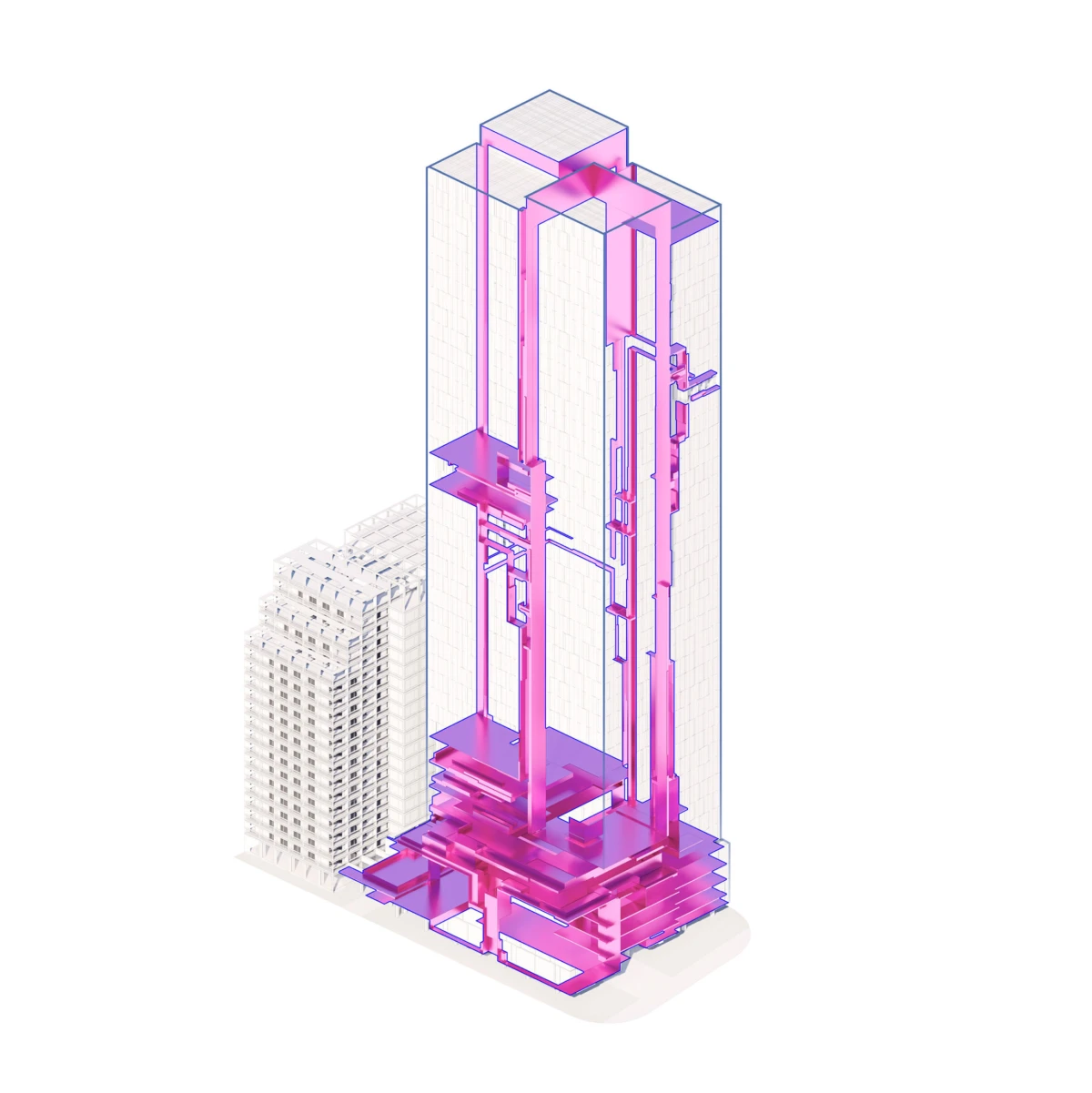 Isometric view of a pink-glass skyscraper with magenta framework rising beside a white high-rise in an urban setting.