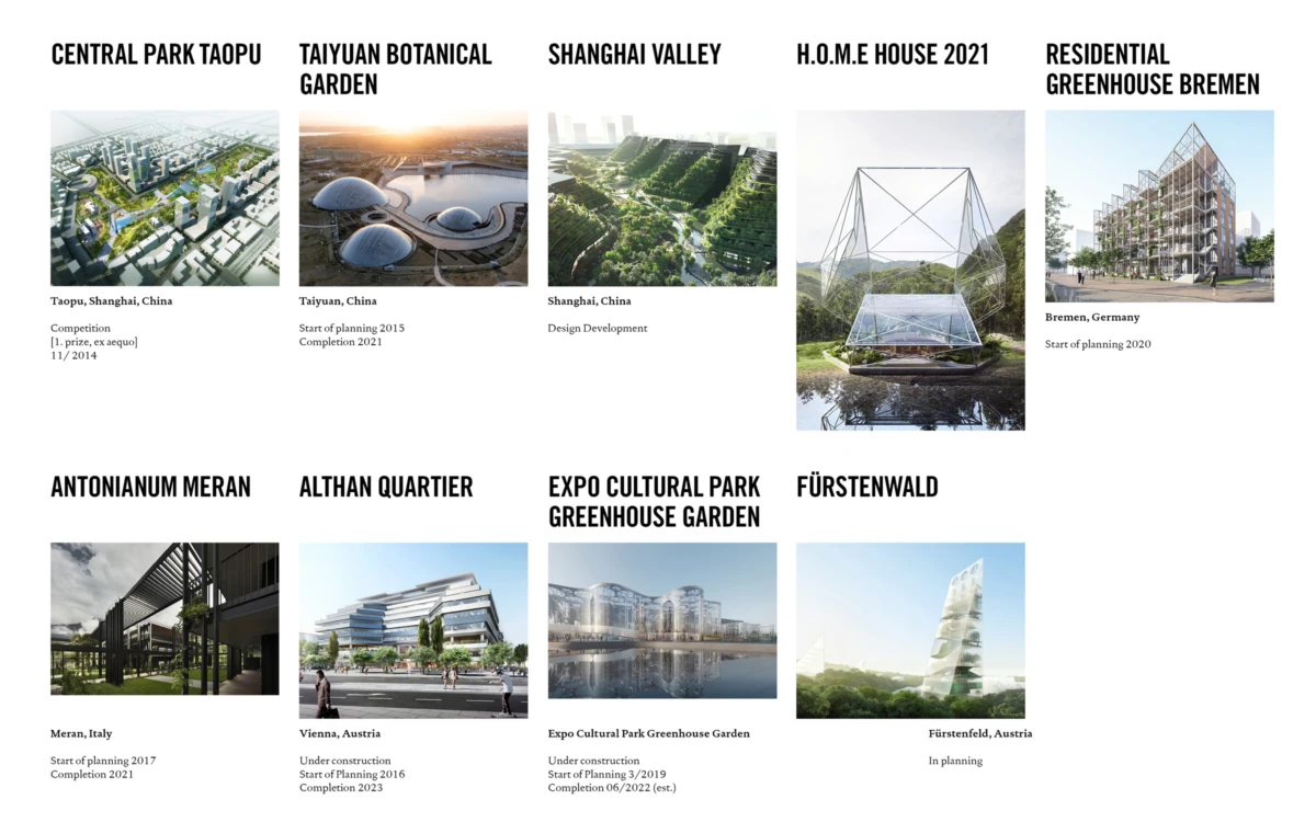 Grid of architectural project posters in a portfolio, showing image previews and bold titles like Central Park Taopu and Expo Cultural Park.