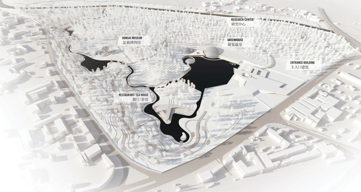 Bird’s-eye view of a white landscape park with winding canals and central ponds.