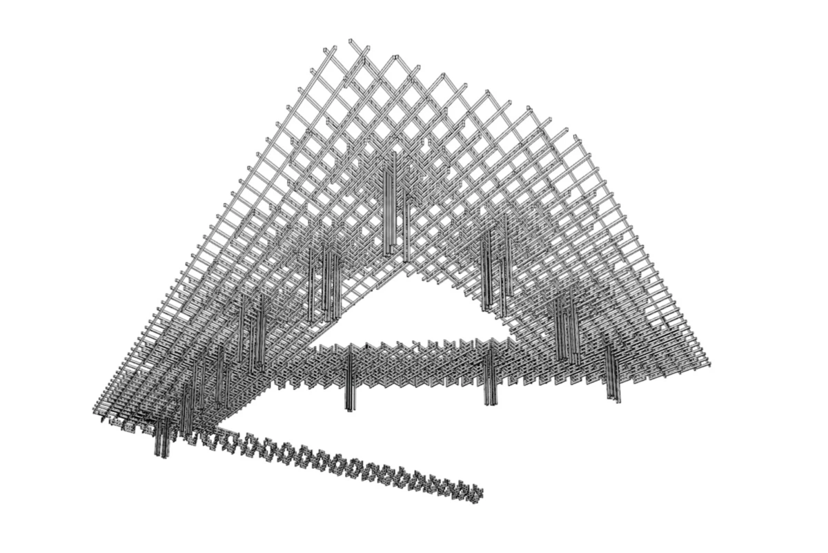 Intricate metal lattice roof truss system with vertical supports, forming a large triangular framework on a white background