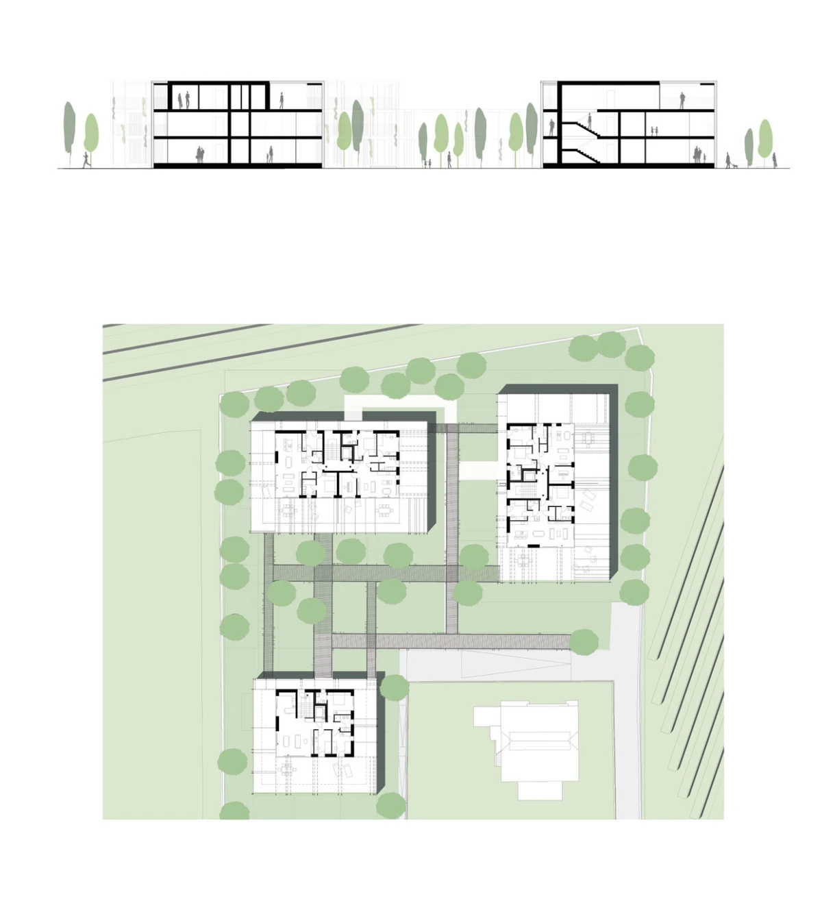 Site plan of a modern complex with three rectangular buildings linked by walkways amid trees; elevation sections of two buildings above.