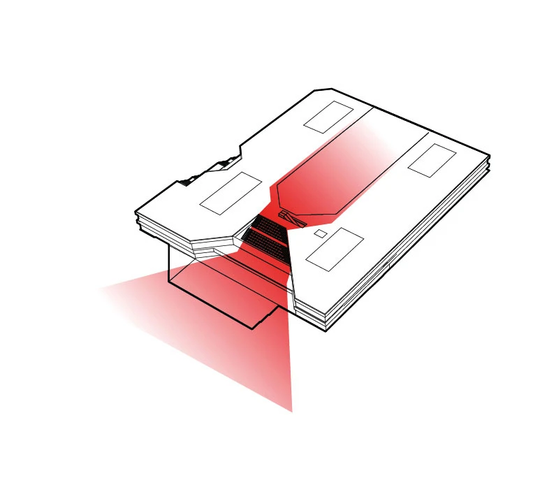 VHS cassette with a red laser beam projecting from its center slot against a white background.