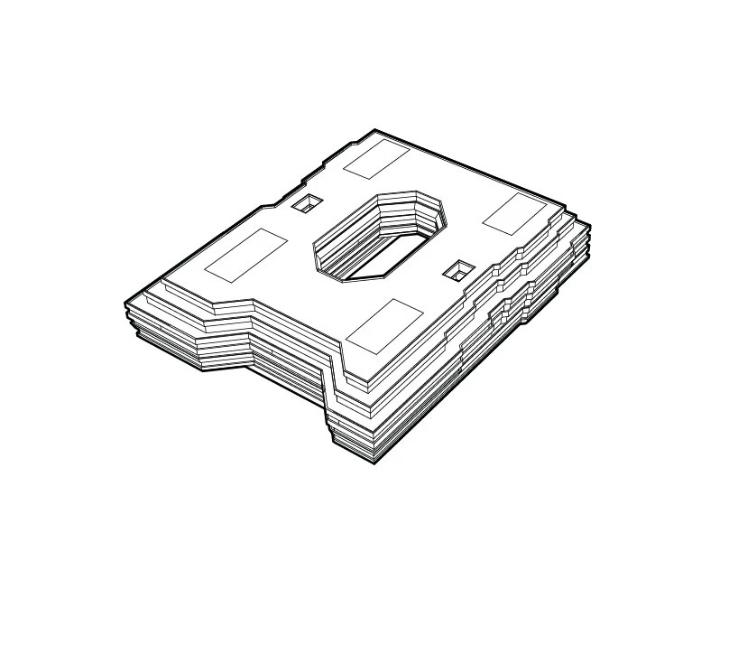Isometric stack of rectangular sheets with stepped sides and a central octagonal hole.