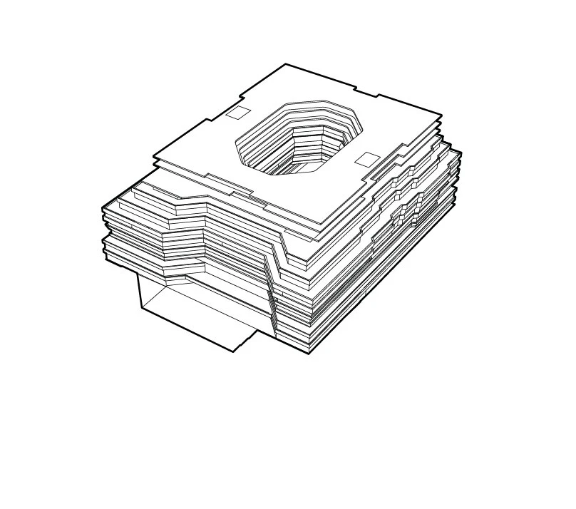 Isometric stack of rectangular plates with a hexagonal central bore on the top plate.